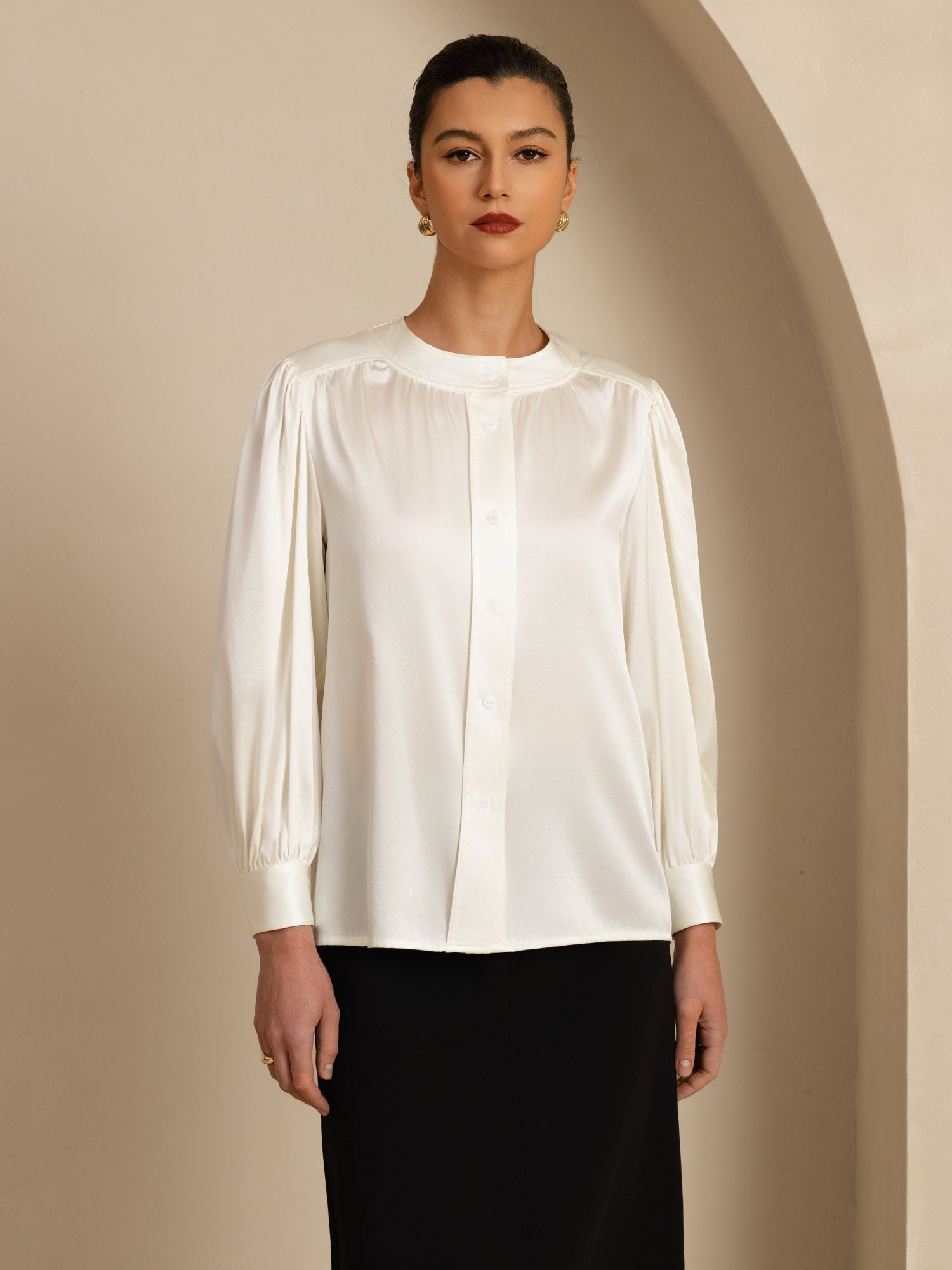 [Wit] SilkSilky-NL 19Momme Long Sleeve Round Neck Blouse 003