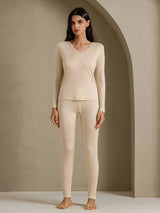 [Beige] SilkSilky-NL Long Sleeve V Neck Dames Lange Onderkleding 001