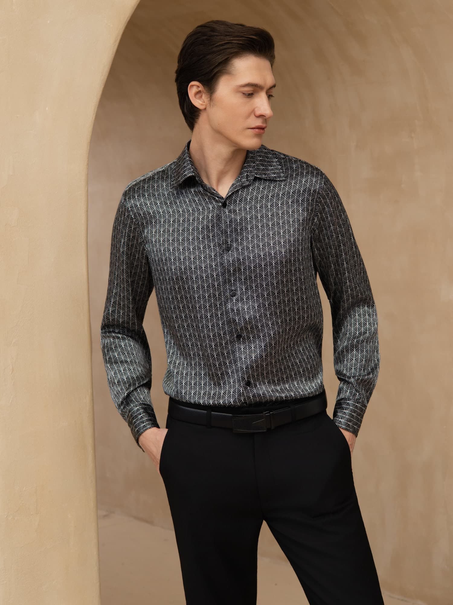 [Zwarte Ginkgo] SilkSilky-NL Lange Mouw Reverskraag Heren Shirt 001