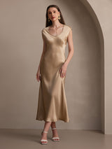 [Champagne] SilkSilky-NL Kapmouwtjes Diepe Ronde Hals Jurk 007