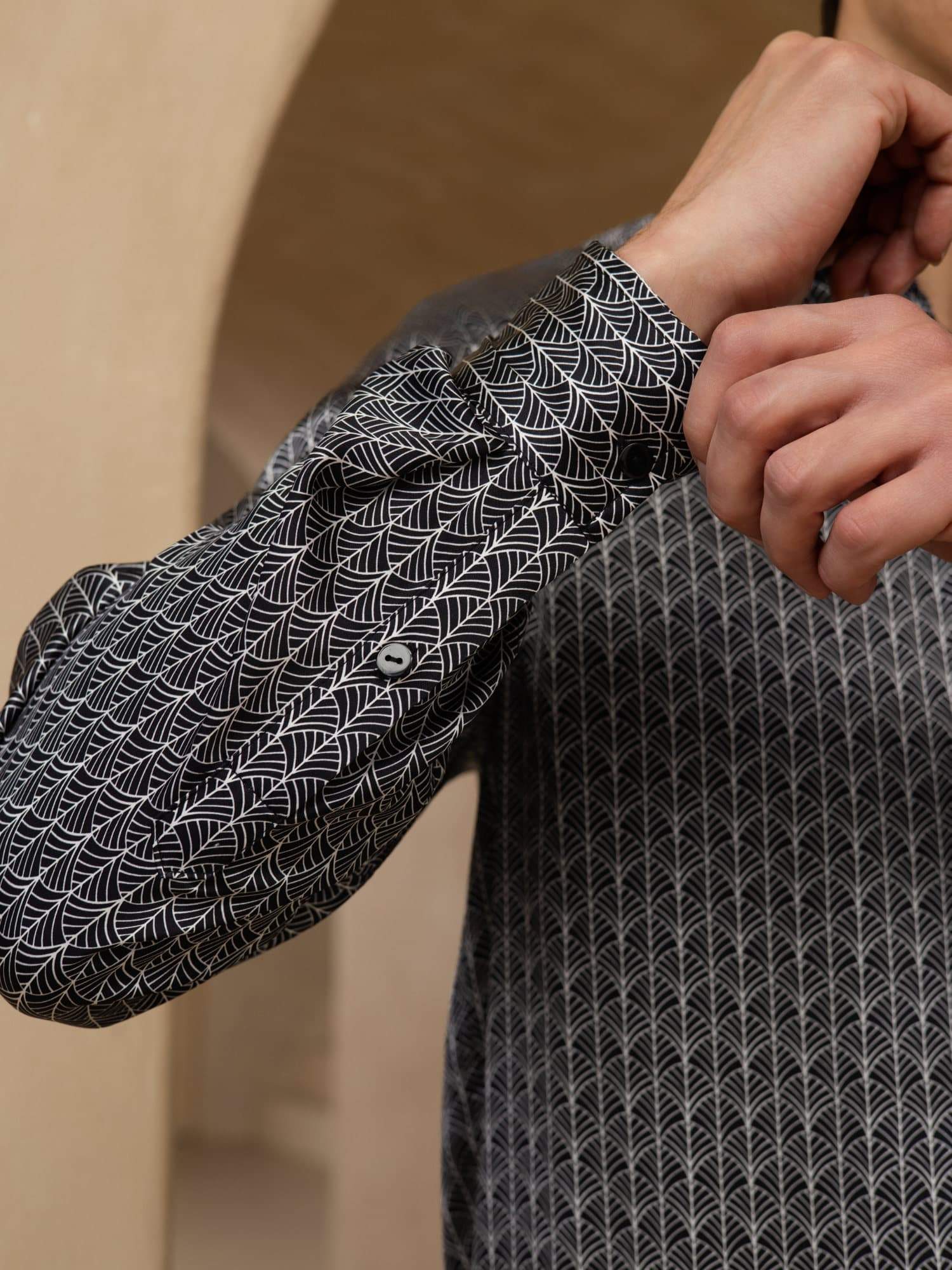 [Zwarte Ginkgo] SilkSilky-NL Lange Mouw Reverskraag Heren Shirt 007