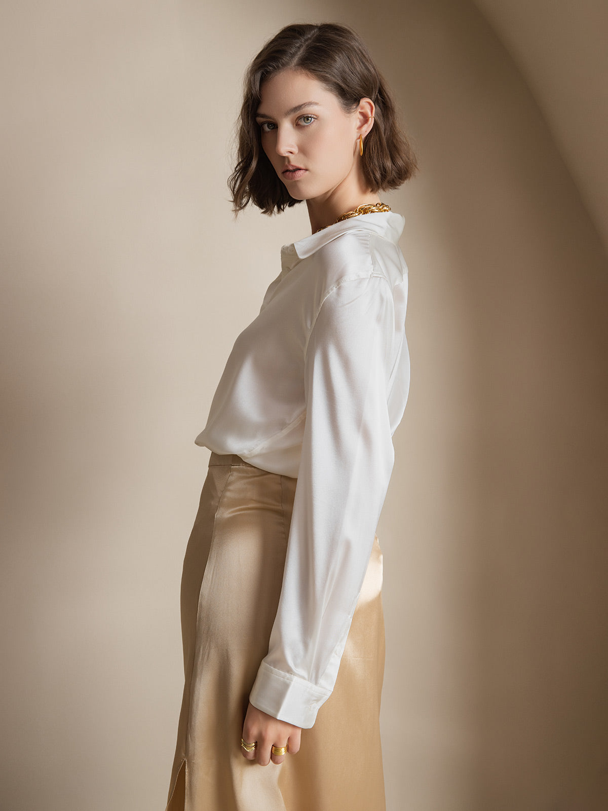 [Wit] SilkSilky-NL Zijde Lange Mouw Kraag Dames Blouse 007