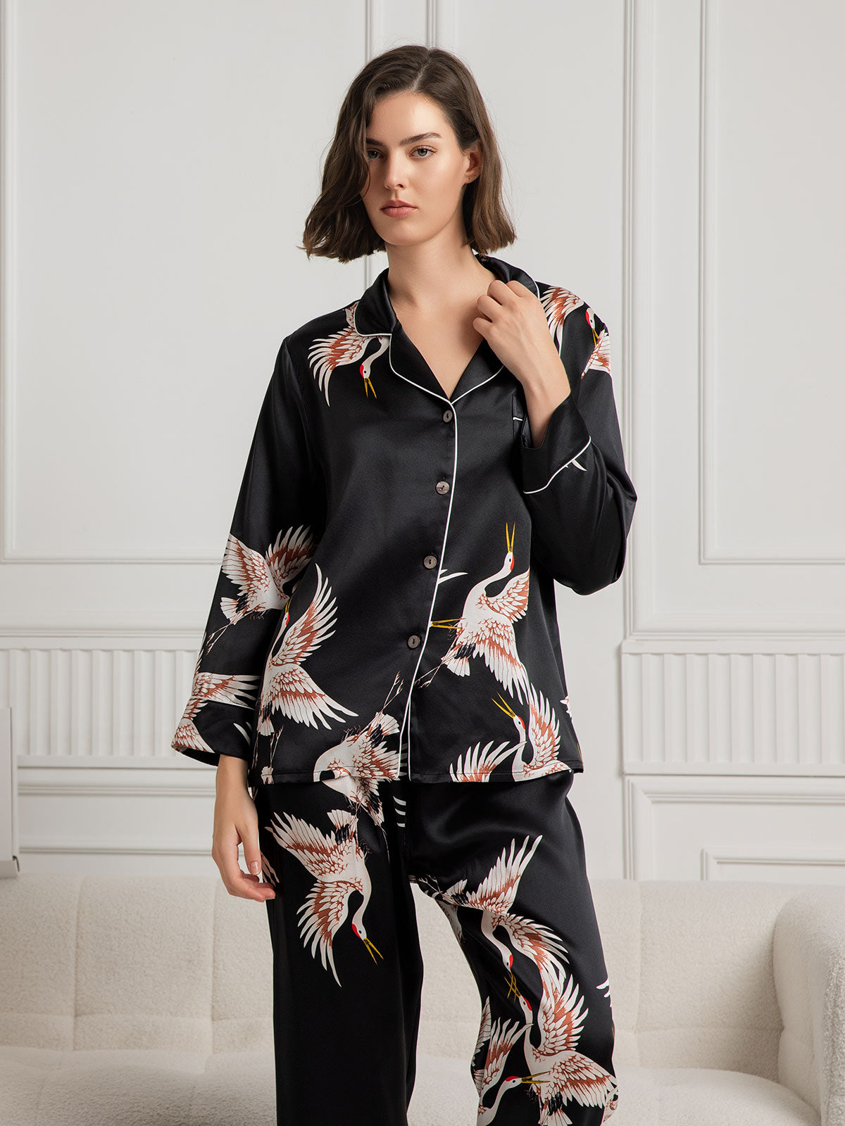 SilkSilky-NL 19Momme Lange Mouw Revers Dames Pyjama Set Zwart 003