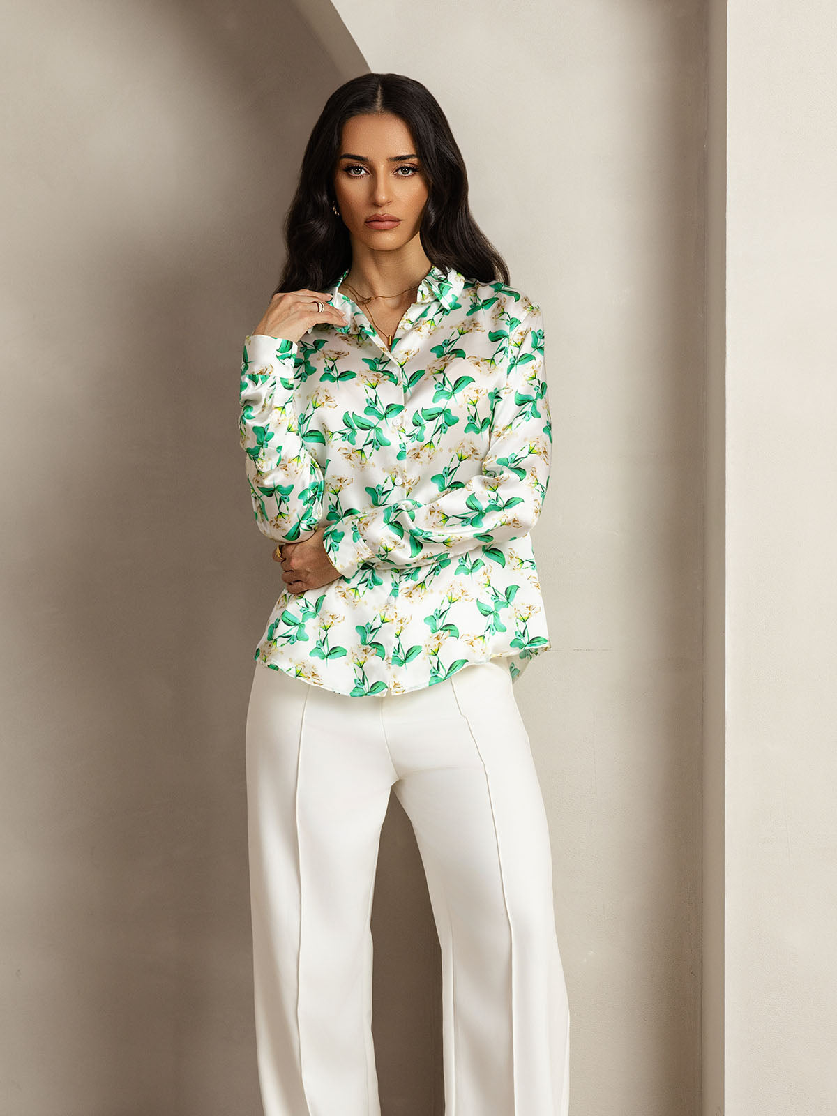 [Groene Bloemen] SilkSilky-NL Zijde Kraag Dames Blouse 006