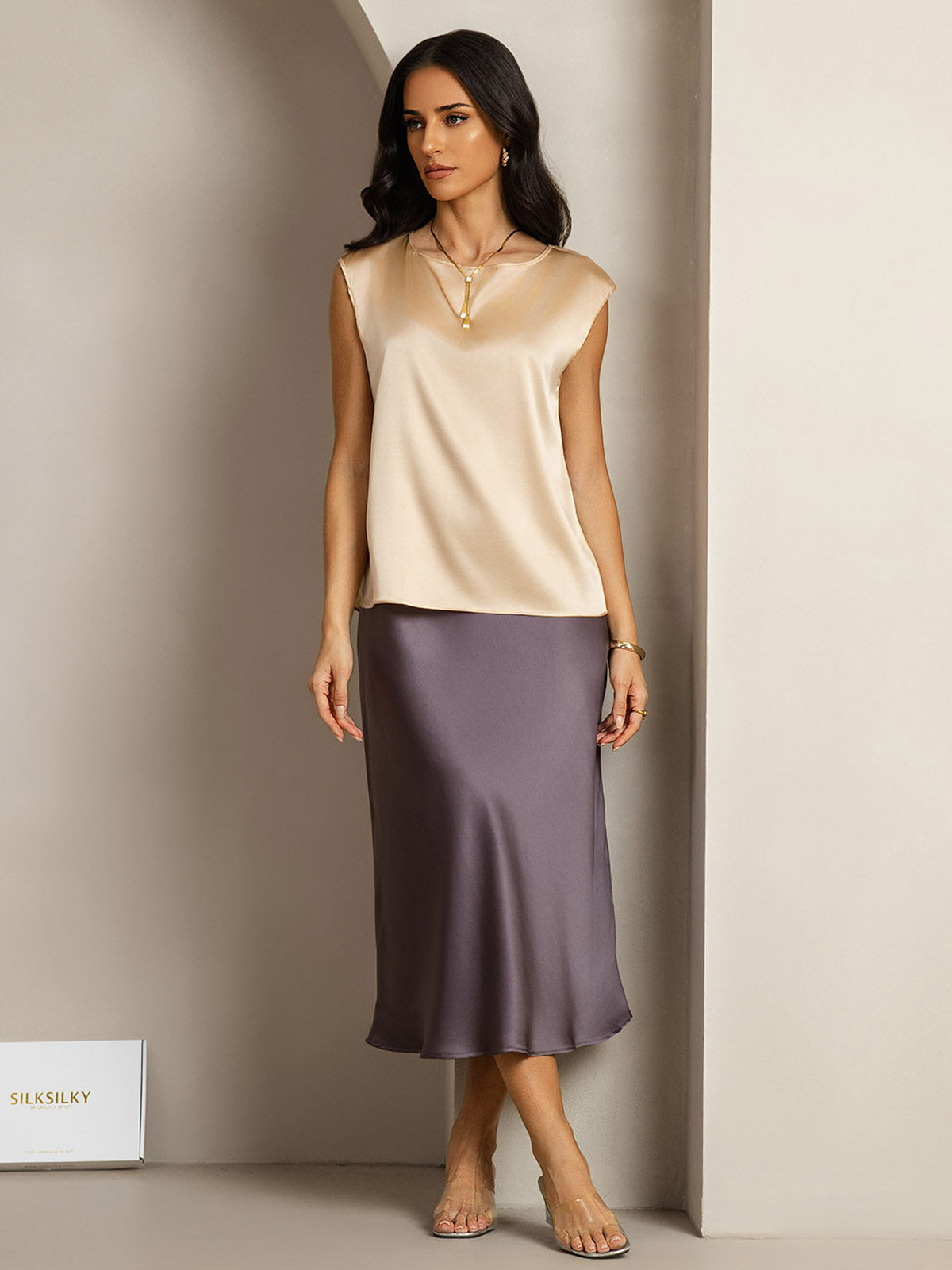 [Champagne] SilkSilky-NL 19Momme Zijde Ronde Hals Dames T-Shirt 003