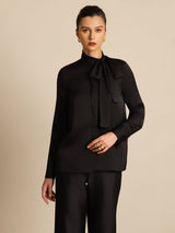 [Zwart] SilkSilky-NL 19Momme Lange Mouw Strikhals Blouse 004
