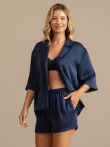 [Donkerblauw] SilkSilky-NL 19Momme Halve Mouw Notchkraag Dames Pyjama Set 003