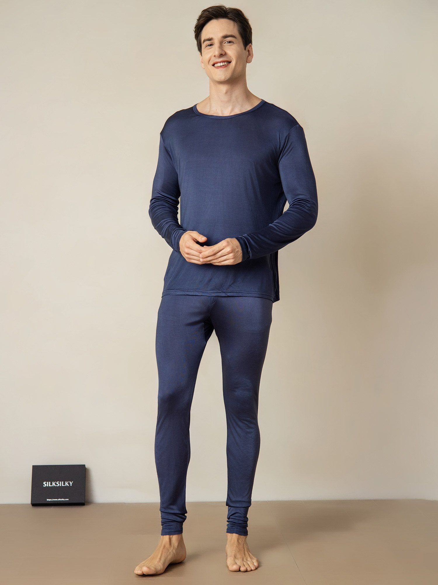 [Donkerblauw] SilkSilky-NL Zijde Mens Pajamas 001