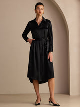[Zwart] SilkSilky-NL Long Sleeve Lapel Collar Jurk 001