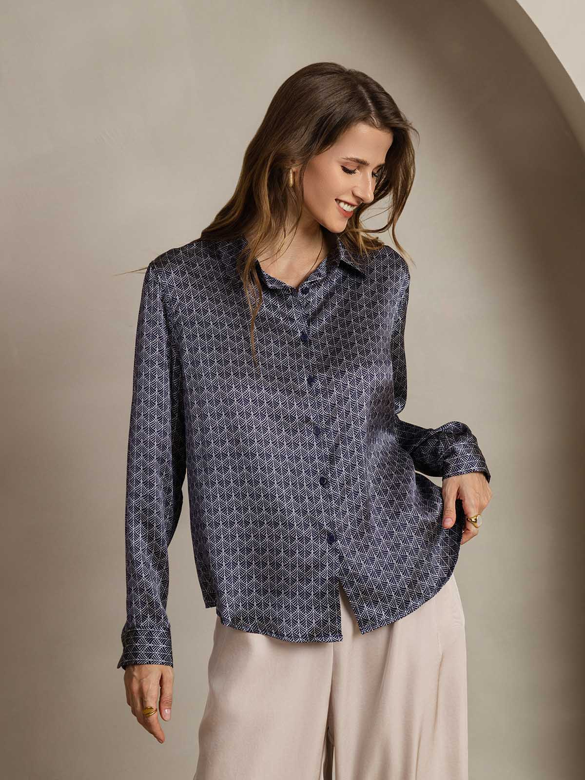 [Marine Ginkgo] SilkSilky-NL Zijde Lange Mouw Kraag Dames Blouse 008