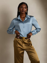 [Grijsachtig Blauw] SilkSilky-NL Long Sleeve Lapel Collar Dames Blouse 003