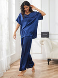 SilkSilky NL Pure Silk Korte Mouw V Hals Dames Pyjama Set Donkerblauw 006