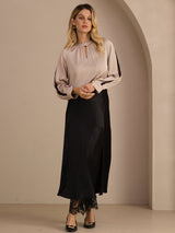 [Tan] SilkSilky-NL Long Sleeve Keyhole Neck Blouse 007