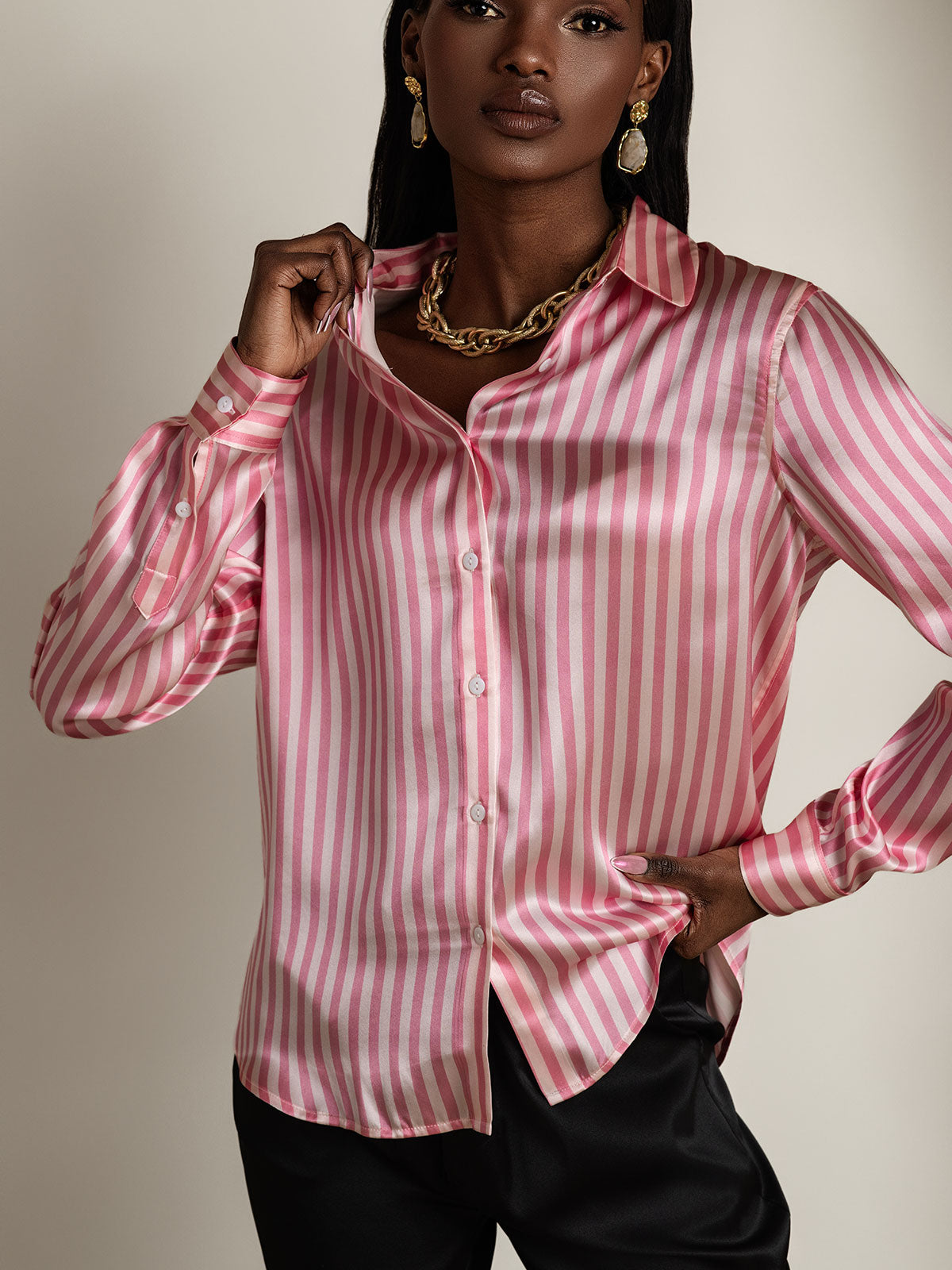 [Roze] SilkSilky-NL Zijde Kraag Dames Blouse 003
