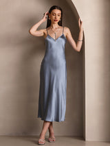 [Grijsachtig Blauw] SilkSilky-NL Spaghetti Strap V Neck Jurk 006