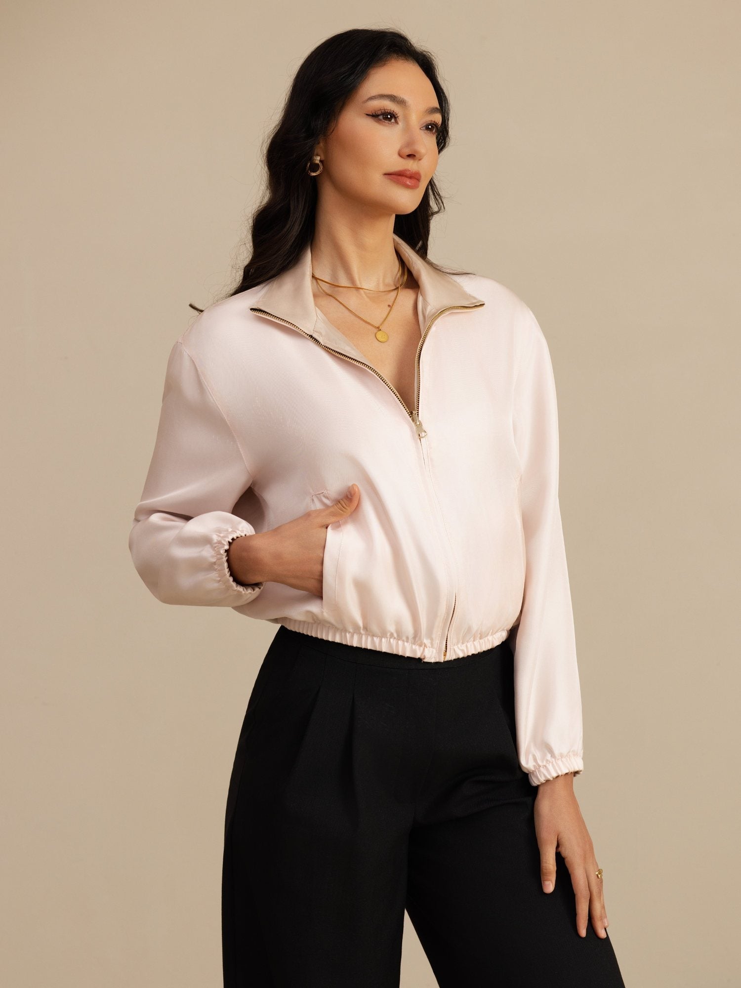 [Tan+Roze] SilkSilky-NL 18Momme Lange Mouw Staande Kraag Dames Bovenkleding 005