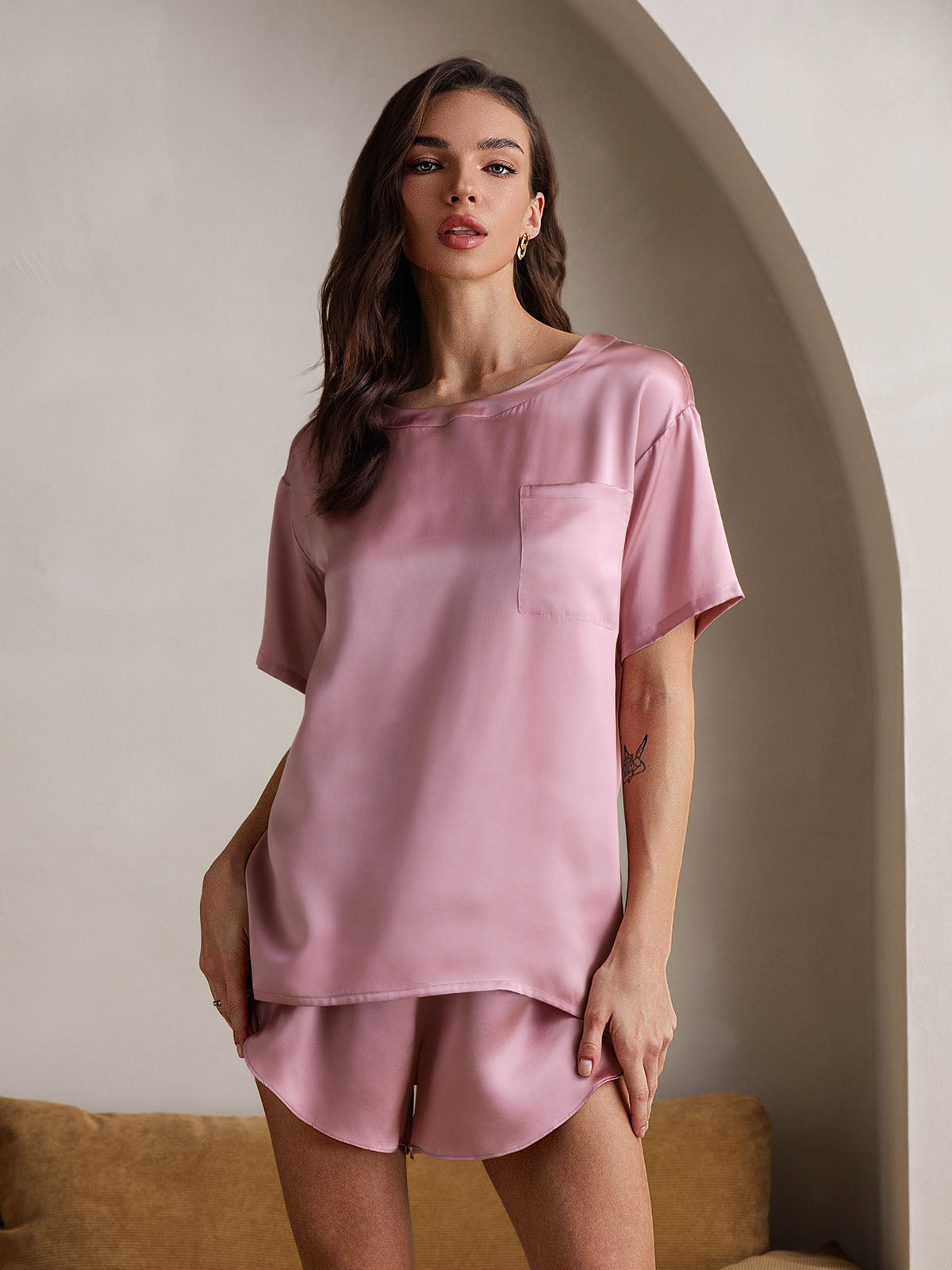 [Bleek Mauve] SilkSilky-NL Ronde Hals Dames Pyjama Set 004