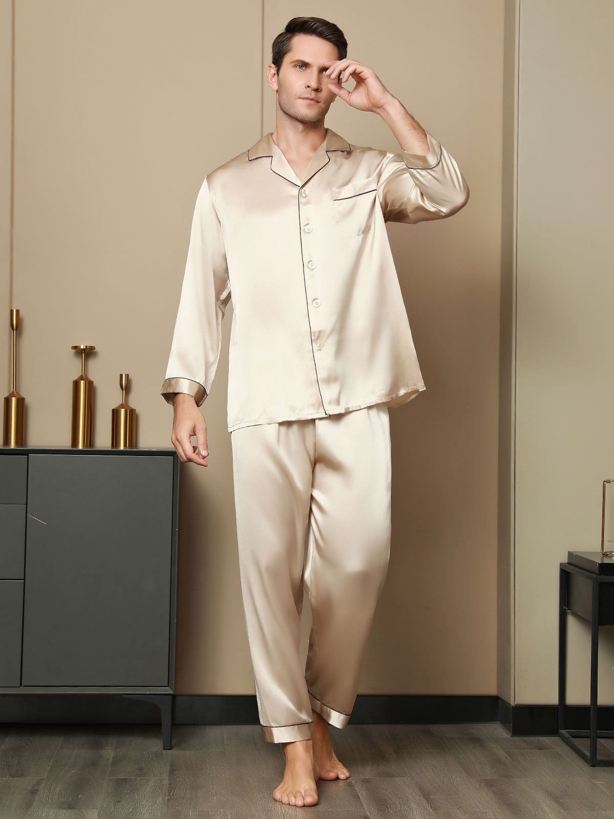 SilkSilky NL Pure Silk Lange Mouw Revers Heren Pyjama Set Tan 005