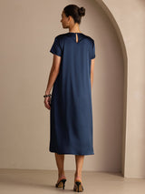 [Donkerblauw] SilkSilky-NL Short Sleeve Round Neck Jurk 002
