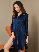 [Donkerblauw] SilkSilky-NL Pure Silk 3/4 Mouw Revers Slaap Hemd 008