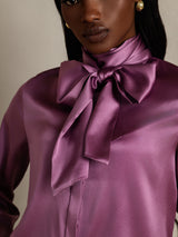 [Donkerpaars] SilkSilky-NL Long Sleeve Tie Neck Blouse 008