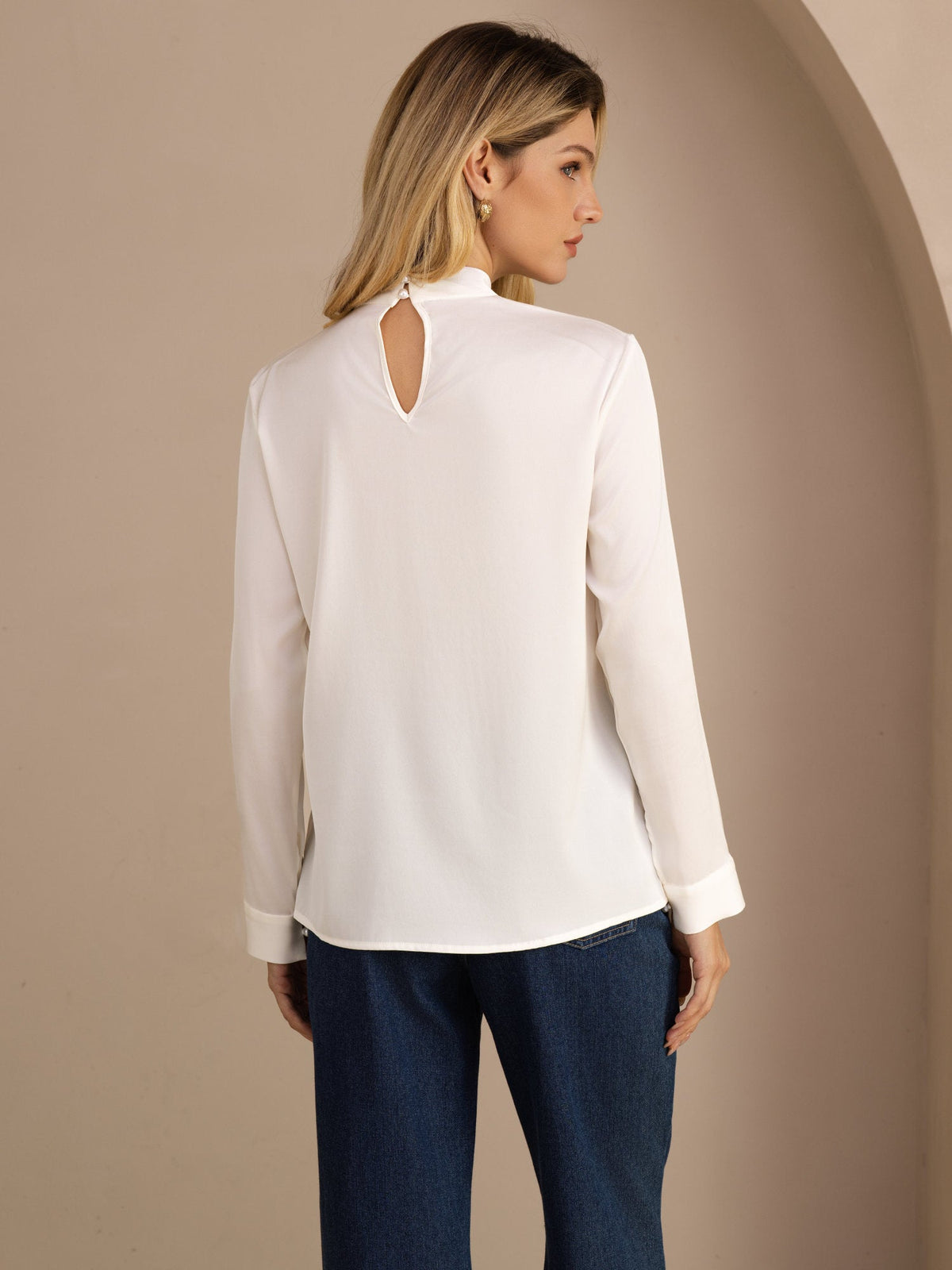 [Wit] SilkSilky-NL Long Sleeve Stand Collar Blouse 002