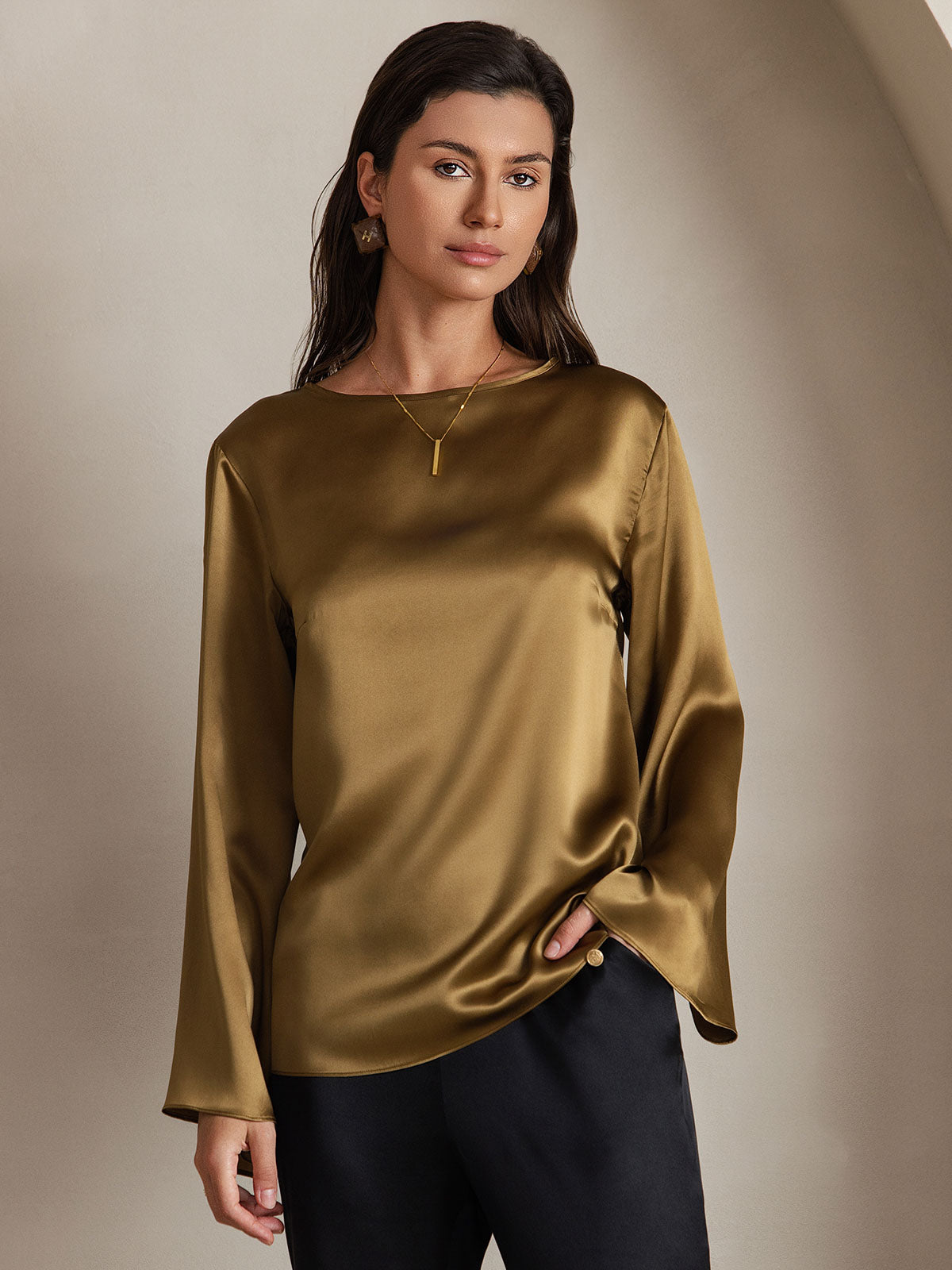 [Bruin] SilkSilky-NL 19Momme Lange Mouw Boat Hals Blouse 003