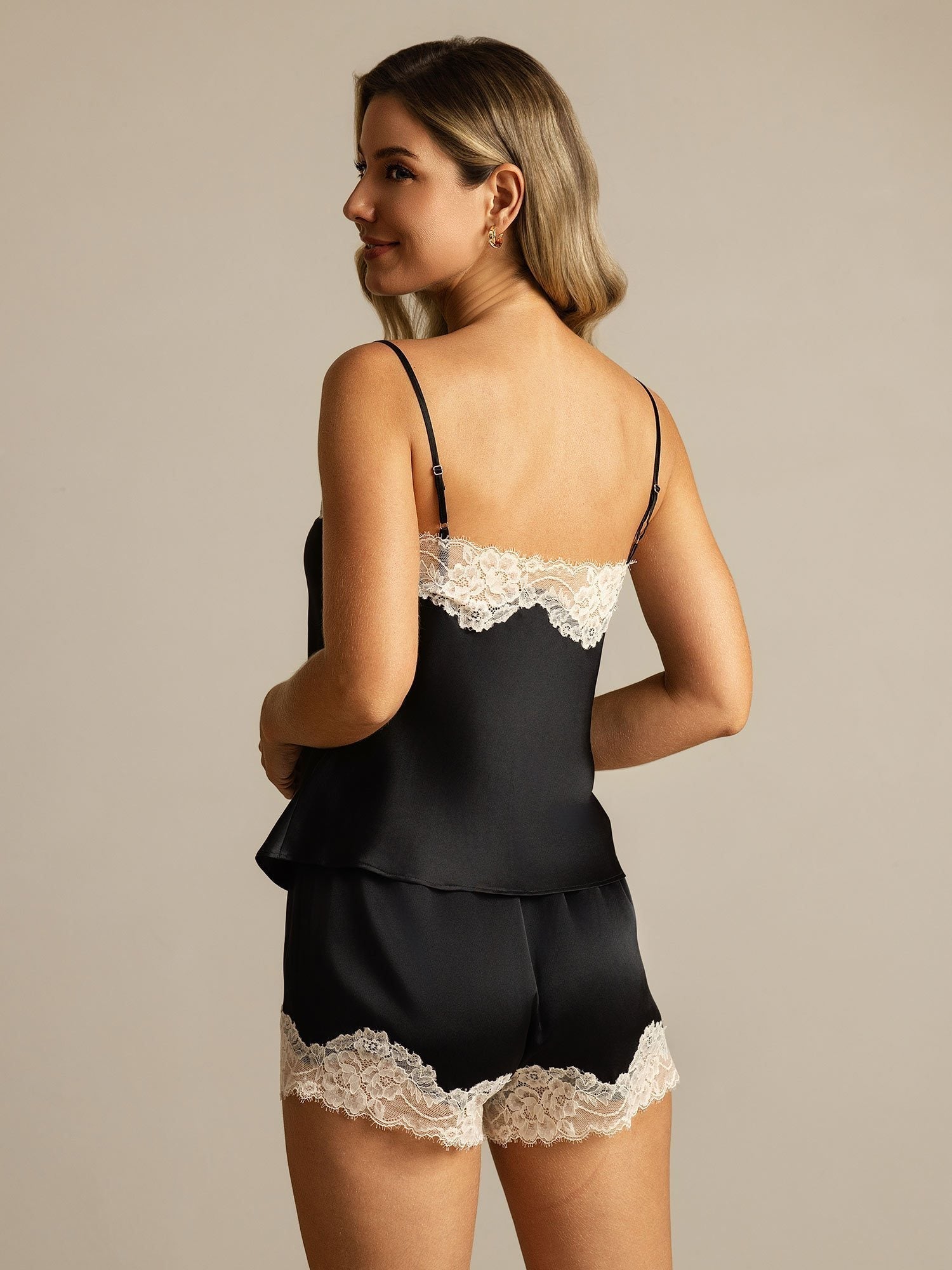 [Zwart] SilkSilky-NL Spaghetti Bandjes V Hals Cami-Set 002