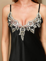 [Zwart] SilkSilky-NL Spaghetti Strap Split Nachthemd 008