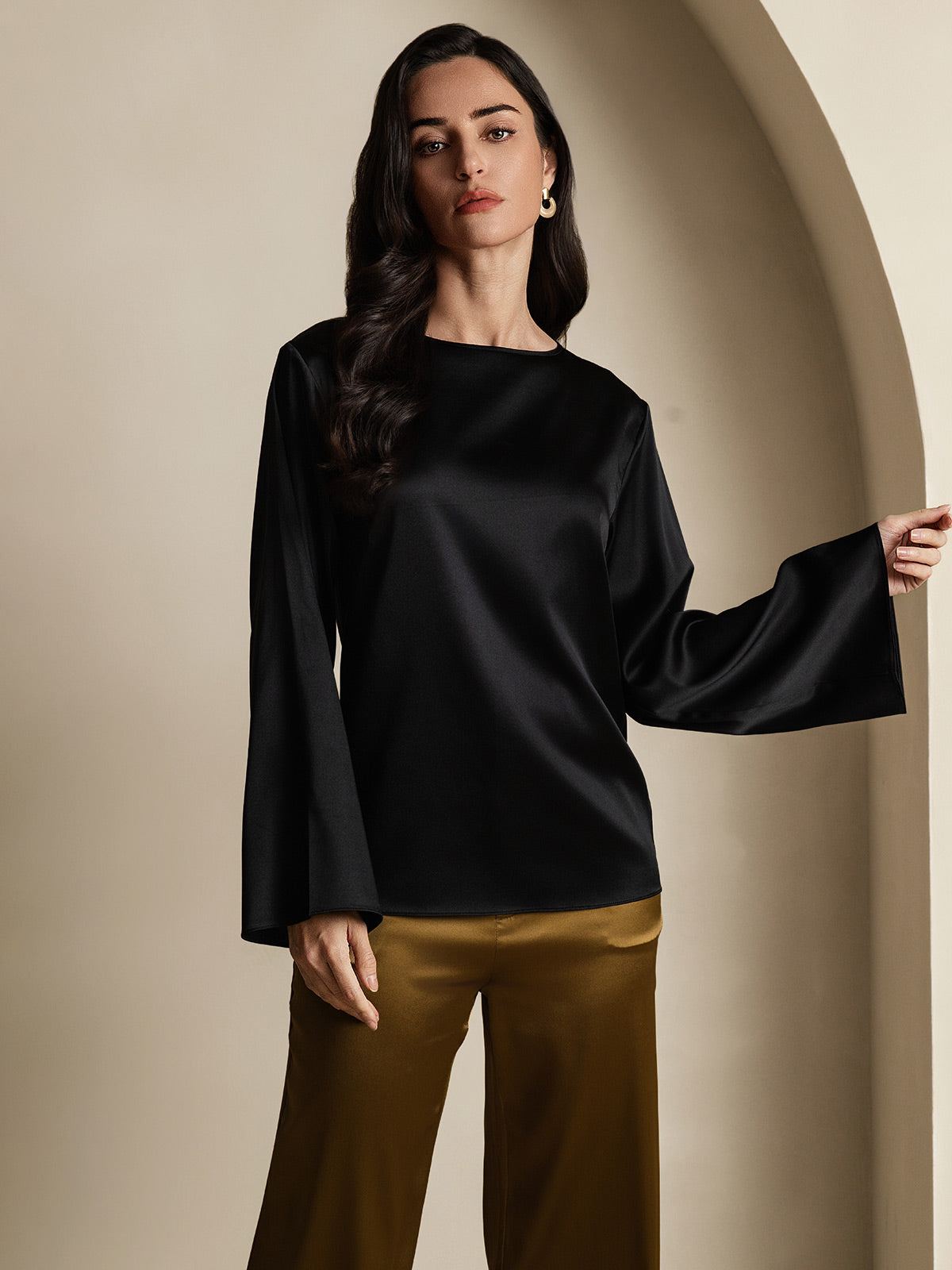 [Zwart] SilkSilky-NL 19Momme Zijde Ronde Hals Dames T-Shirt 001