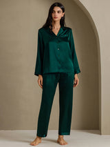 [Donkergroen] SilkSilky-NL Long Sleeve Lapel Collar Dames Pyjama Set 006