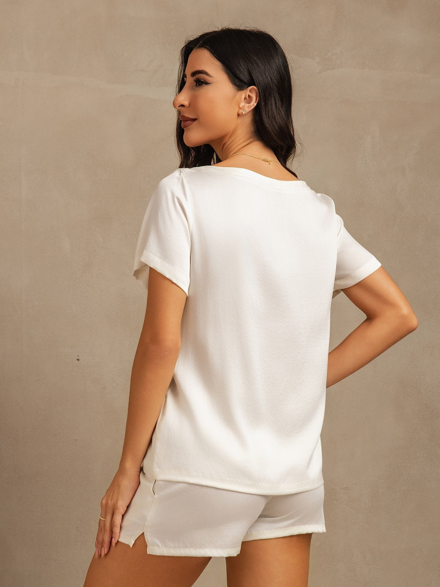 [Wit] SilkSilky-NL 19Momme Zijde Ronde Hals Dames Pyjama Set 002,