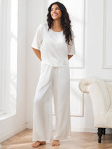 [Wit] SilkSilky-NL Halve Mouw Ronde Hals Dames Pyjama Set 005