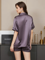 [Paars Grijs] SilkSilky-NL Short Sleeve Lapel Collar Dames Pyjama Set 002