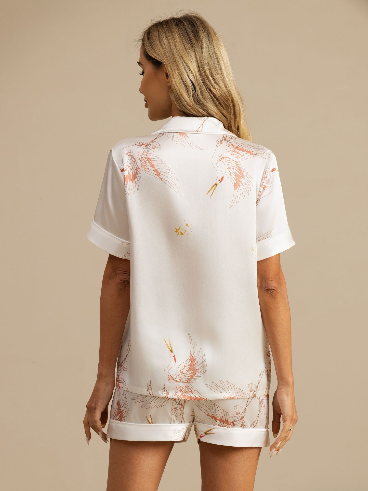 [Wit] SilkSilky-NL 19Momme Korte Mouw Notchkraag Dames Pyjama Set 002