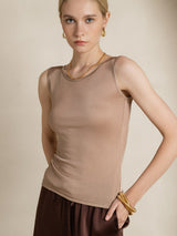 [Koffie] SilkSilky-NL Mouwloos Ronde Hals Dames T-Shirt 003