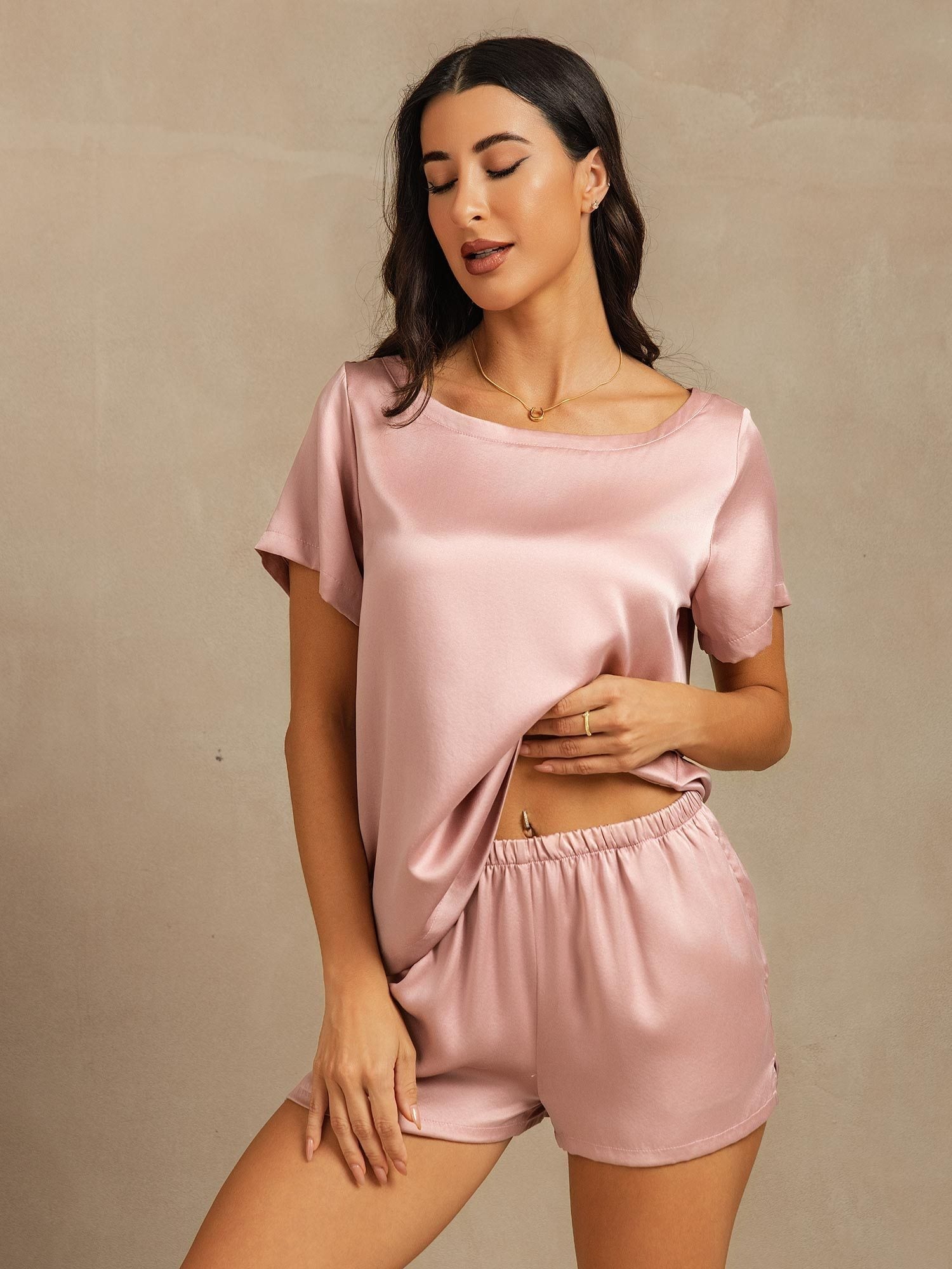 [Perzikhuid] SilkSilky-NL 19Momme Zijde Ronde Hals Dames Pyjama Set 005,