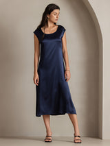 [Donkerblauw] SilkSilky-NL Kapmouwtjes Diepe Ronde Hals Jurk 005