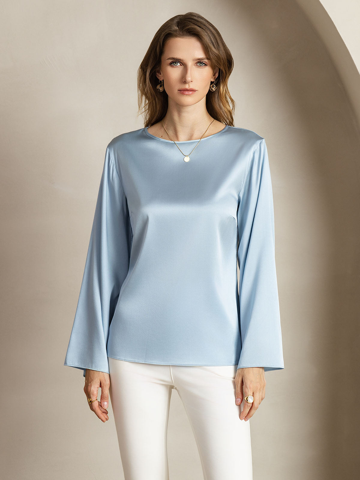 [Grijsachtig Blauw] SilkSilky-NL 19Momme Zijde Ronde Hals Dames T-Shirt 001