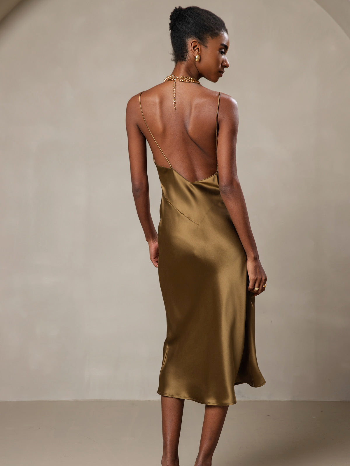 [Bruin] SilkSilky-NL 19Momme V-Hals Jurk 002