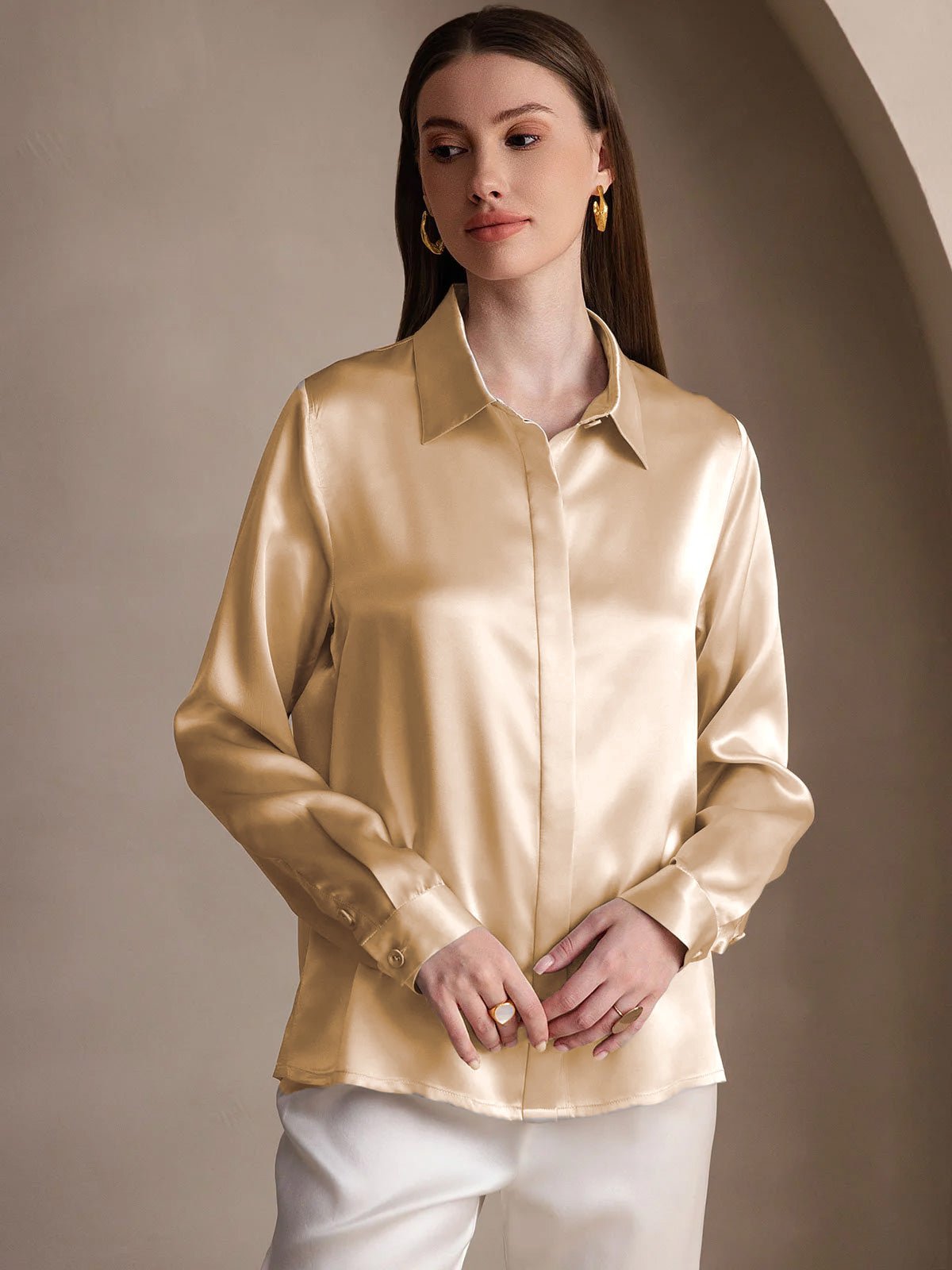 [Champagne] SilkSilky-NL 19Momme Zijde Lapel Collar Dames Blouse 001