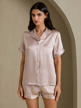 [Schaduwgrijs] SilkSilky-NL Short Sleeve Lapel Collar Dames Pyjama Set 003