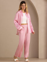 [Roze Krijtstreep] SilkSilky-NL Long Sleeve Lapel Collar Women's Outfit Sets 003