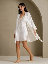 [Wit] SilkSilky-NL 3/4 Sleeve V Neck Nachthemd&Kamerjas Set 001