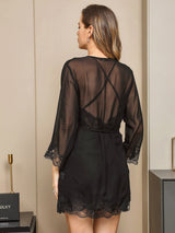 [Zwart] SilkSilky-NL Pure Silk 3/4 Mouw Nightgown&Robe Set 003