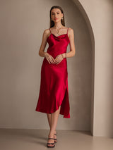 [Wijn] SilkSilky-NL Spaghetti Bandjes Waterval Hals Jurk 005