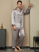 [Grijs] SilkSilky-NL Pure Silk Lange Mouw Revers Heren Pyjama Set 005