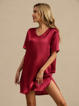 [Donkerrood] SilkSilky-NL Half Sleeve V Neck Nachthemd 005