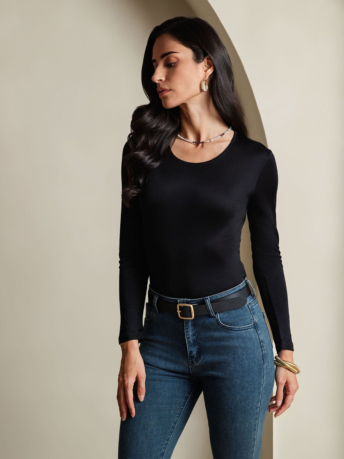 [Zwart] SilkSilky-NL Zijde Ronde Hals Dames T-Shirt 004