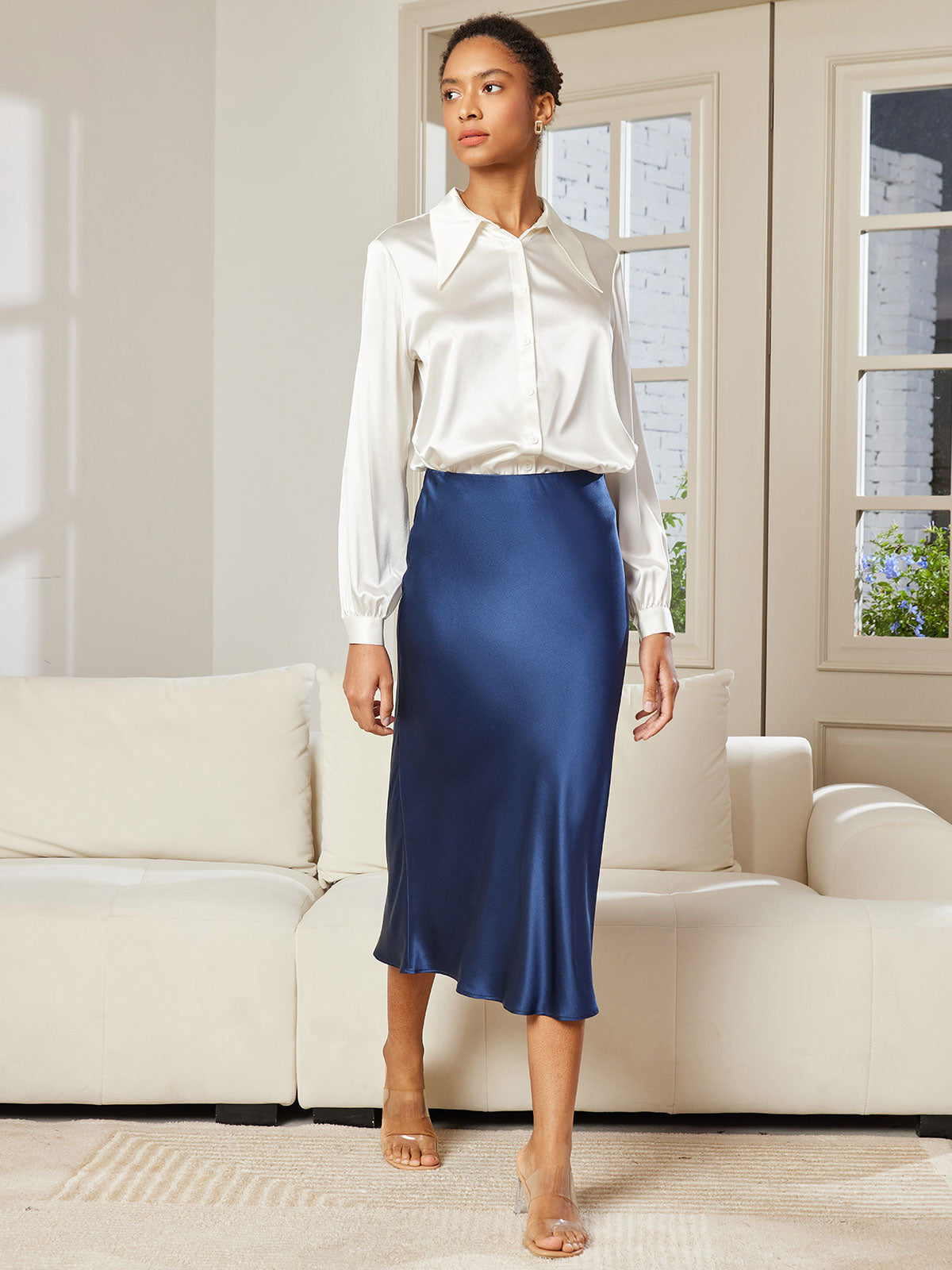 [Donkerblauw] SilkSilky-NL 19Momme Pure Silk Skirt 005